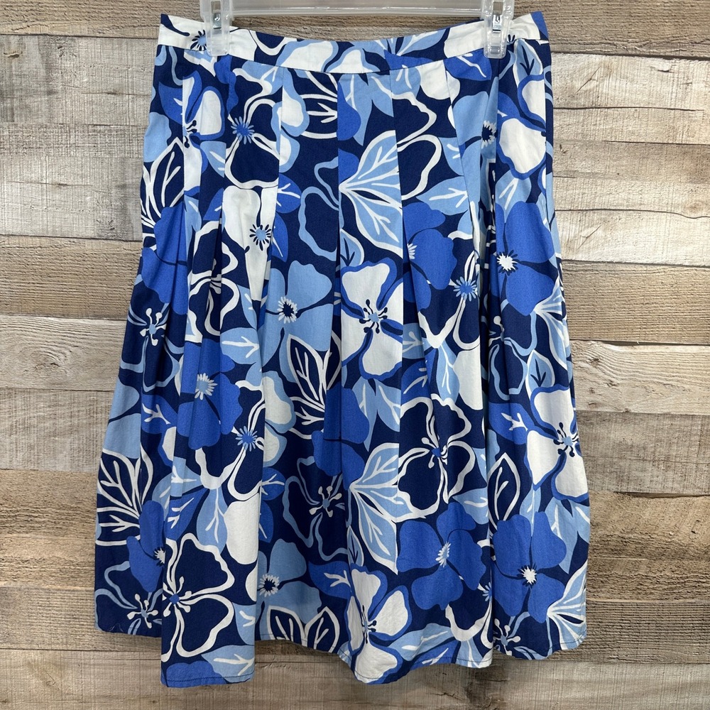 Talbots Vintage Blue White Tropical‎ Hibiscus Floral Pleated A-Line Midi Skirt 8